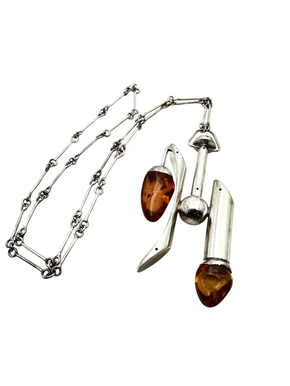 Unusual Rare Vintage Modernist Sterling Silver Amber Necklace 2 Bugs In Amber